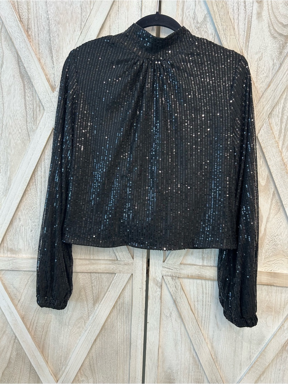 Black Sequin Long-Sleeve Crop Top with Open Drape Back